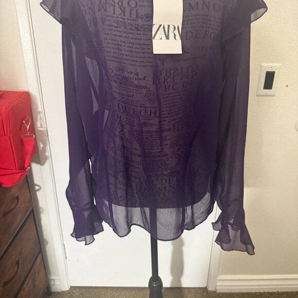 NWT Zara Purple Ruffle bowtie chiffon blouse - Picture 3 of 4